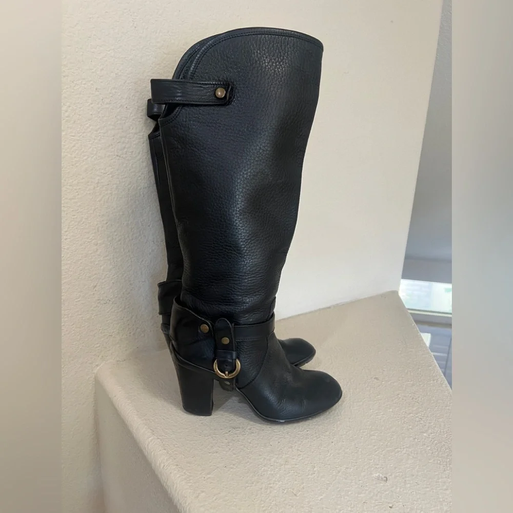 Hogan Womens Leather Buckle Detail Black Round‎ Toe Knee High Boots size 37